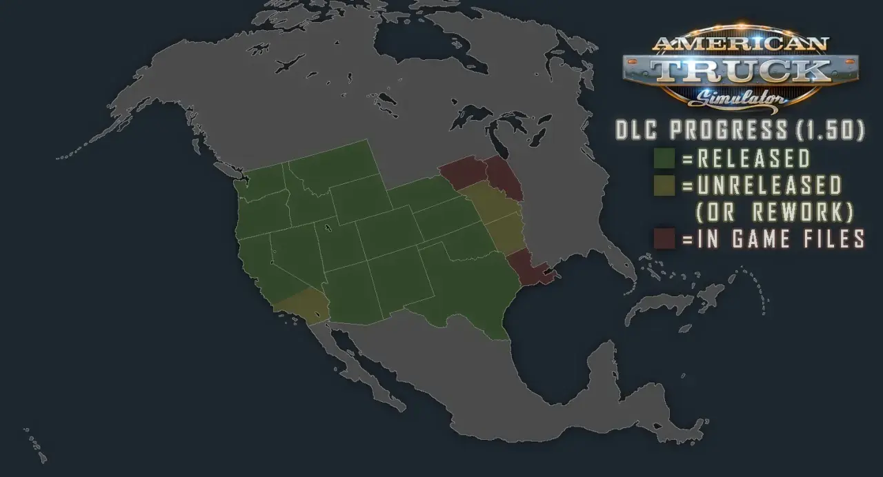 Mapa DLC American Truck Simulator. Zielone stany wydane, żółte nie wydane/przerabiane, czerwone w plikach gry.