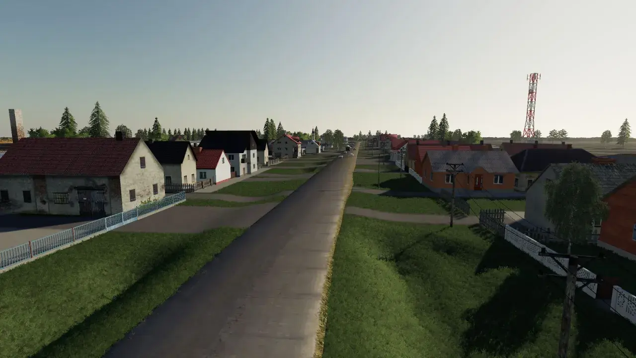 Droga przez wieś z domkami i wieżą telekomunikacyjną. Idealna sceneria dla fs 19 mapy.