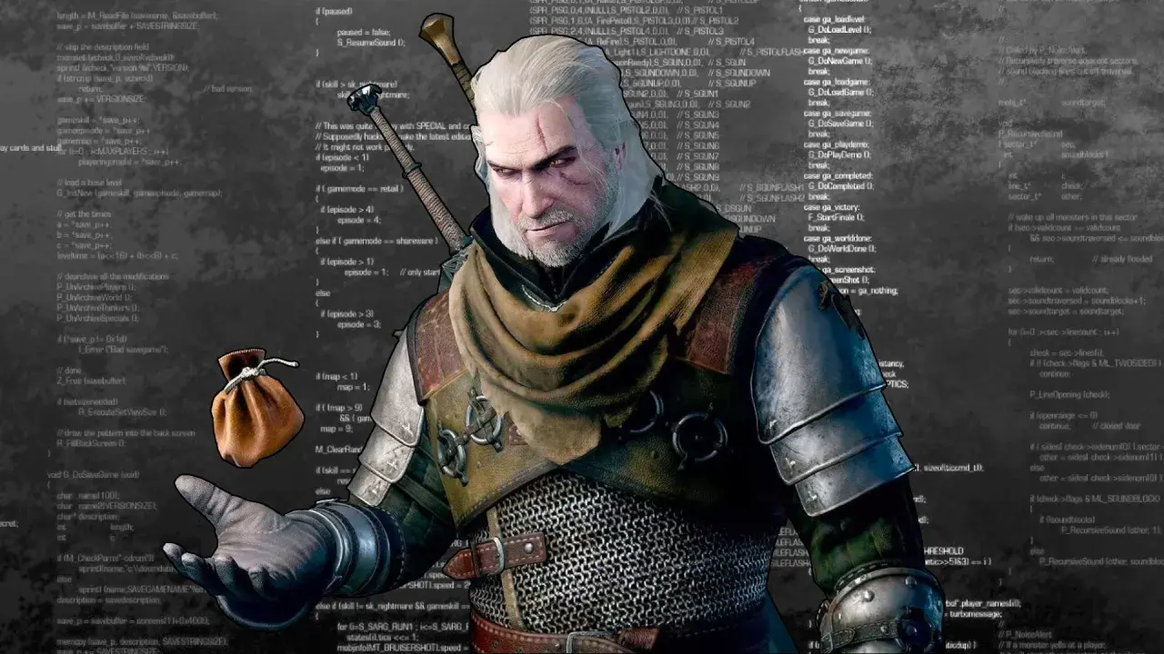 Geralt z Rivii, otoczony kodem, szuka **kodów do HoI4**.