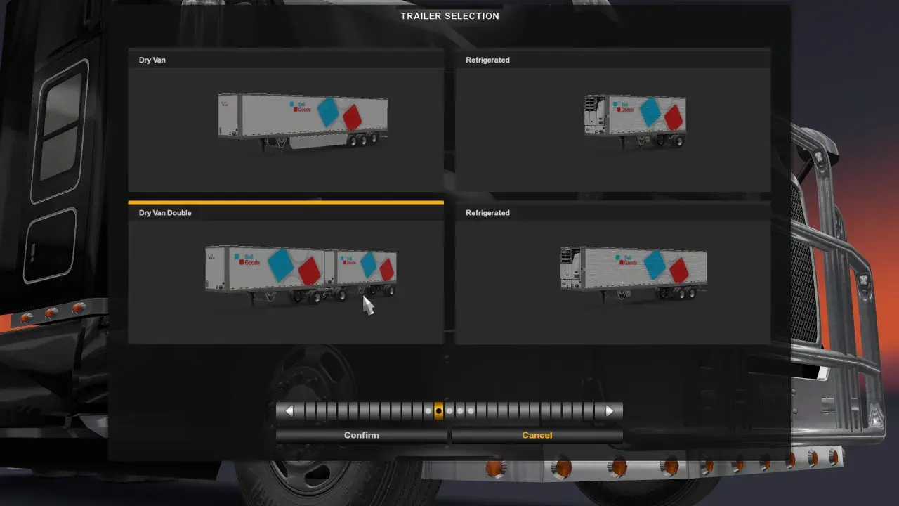 Wybór naczepy w ETS2: Dry Van Double, potencjalnie najbardziej opłacalna naczepa ets2.