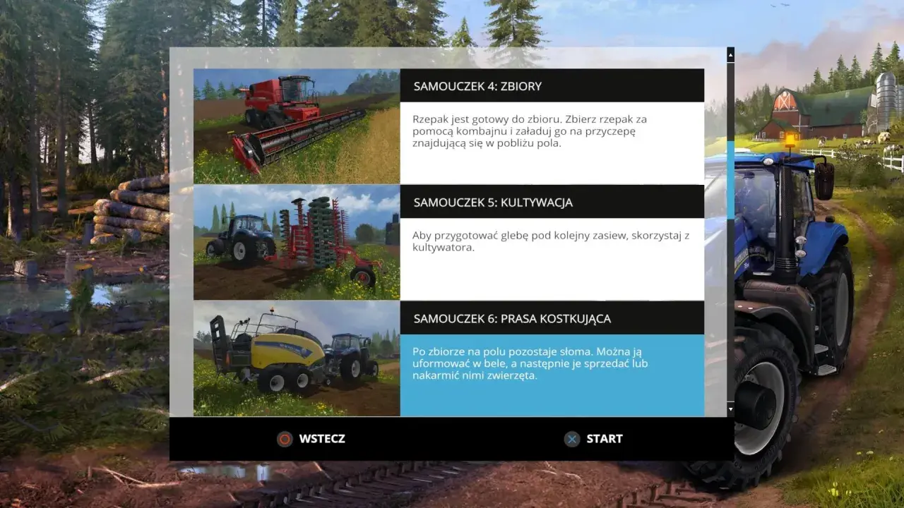 Menu gry fs15: kombajn do zbioru rzepaku, traktor z kultywatorem, prasa do słomy.