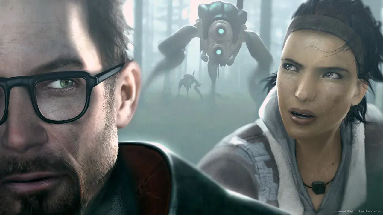 Gordon Freeman i Alyx Vance w lesie, ścigani przez Combine Advisors. Wizja z Half-Life 2: Episode Three.