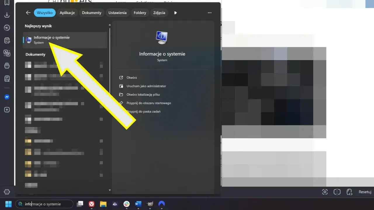 Strzałka wskazuje "Informacje o systemie", gdzie można sprawdzić ustawienia, w tym UEFI Secure Boot.
