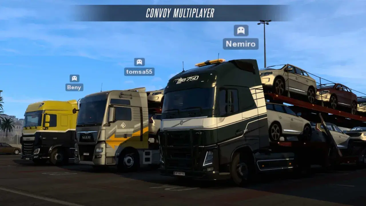 Konwój ciężarówek w grze ETS multiplayer. Beny, tomsa55 i Nemiro przygotowują się do wspólnej jazdy.