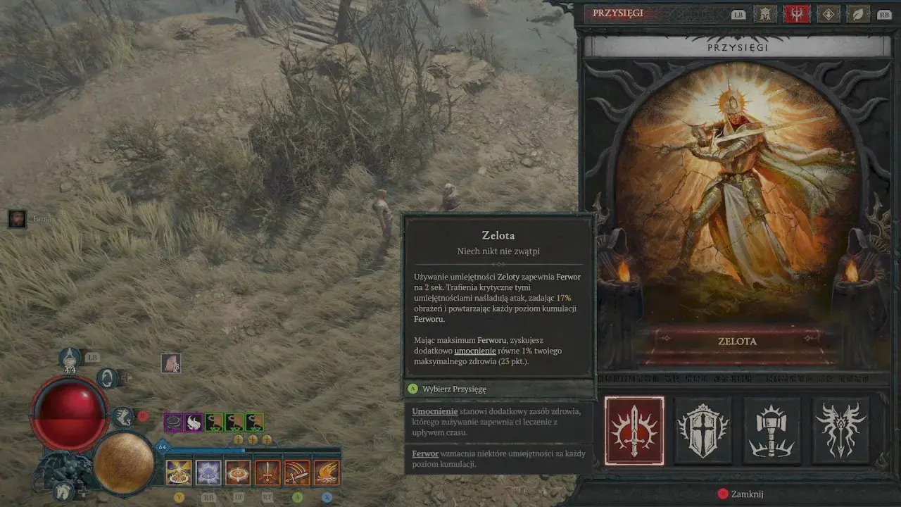 Diablo 2 Paladyn build: Przysięga Zeloty wzmacnia ataki i zapewnia umocnienie. Idealne dla gracza szukającego potężnego paladyna.