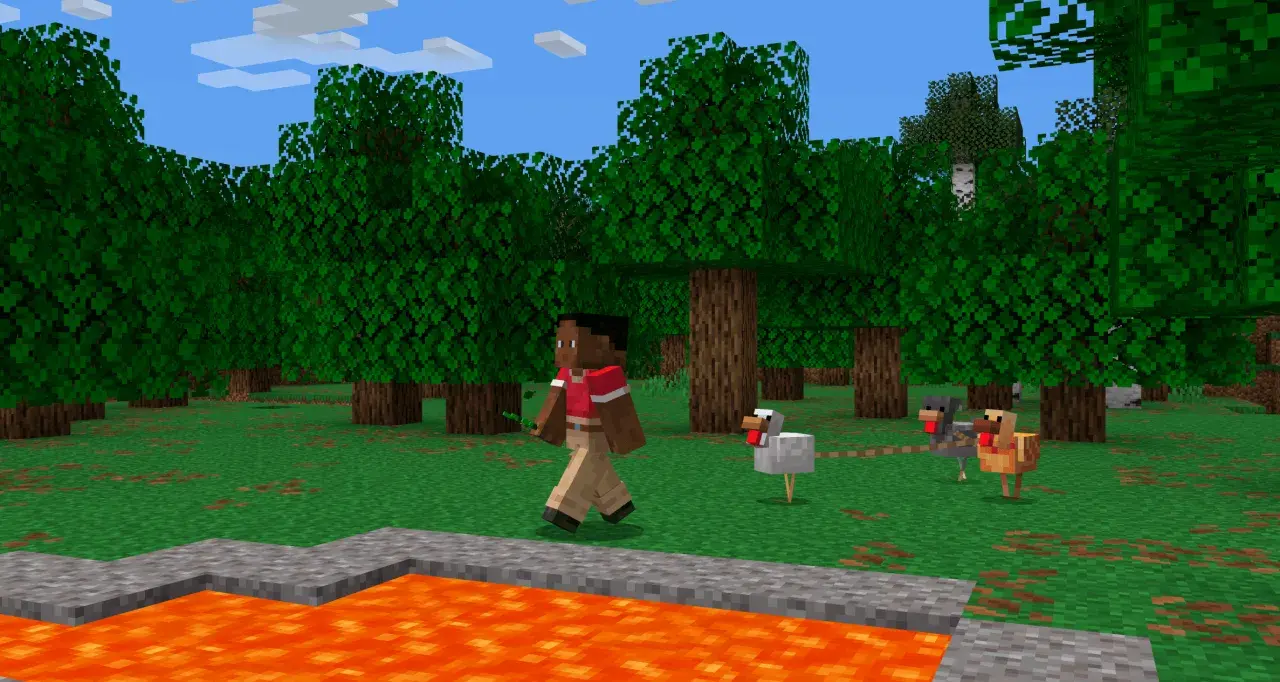 Gracz w Minecraft zbiera patyki, by zrobić smycz. Obok niego idą kury i owca.