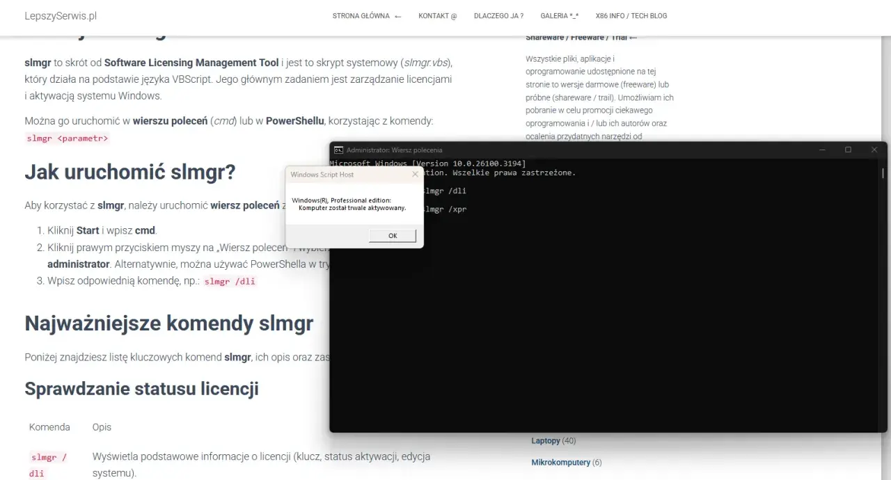 Komunikat "Komputer został trwale aktywowany" po wpisaniu komendy slmgr /dli, co oznacza, że udało się aktywować system Windows.
