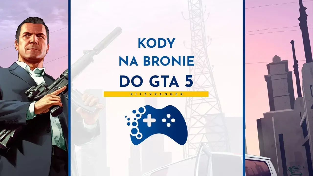 Michael z GTA 5 trzyma broń, a obok napis "Kody na bronie do GTA 5".