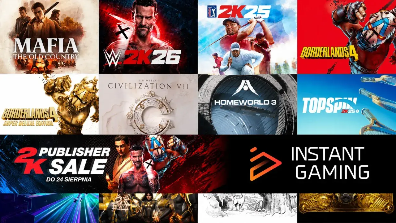 Kolaż okładek gier: Mafia, WWE 2K26, PGA Tour 2K25, Borderlands 4, Civilization VII, Homeworld 3, Topspin 2K25.