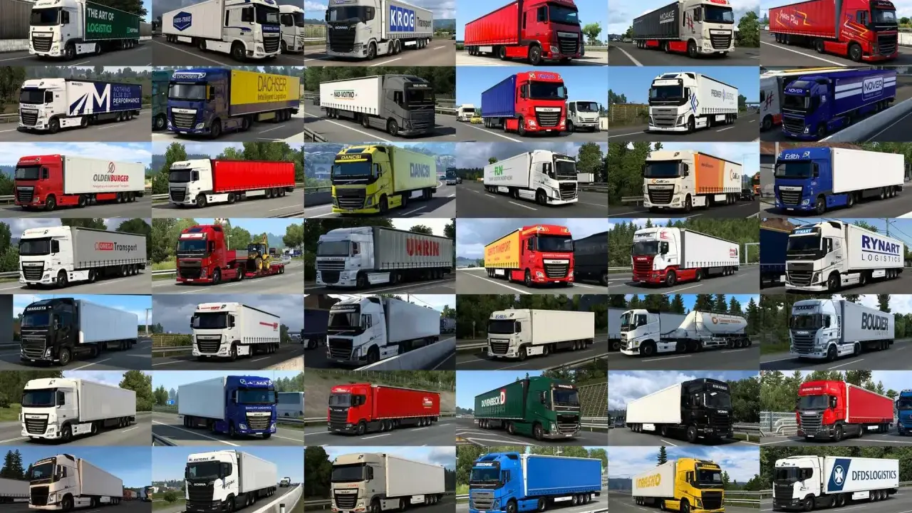 Kolekcja ets2 cars: ciężarówki różnych marek i firm transportowych, od białych po czerwone i niebieskie, jadące po drogach.