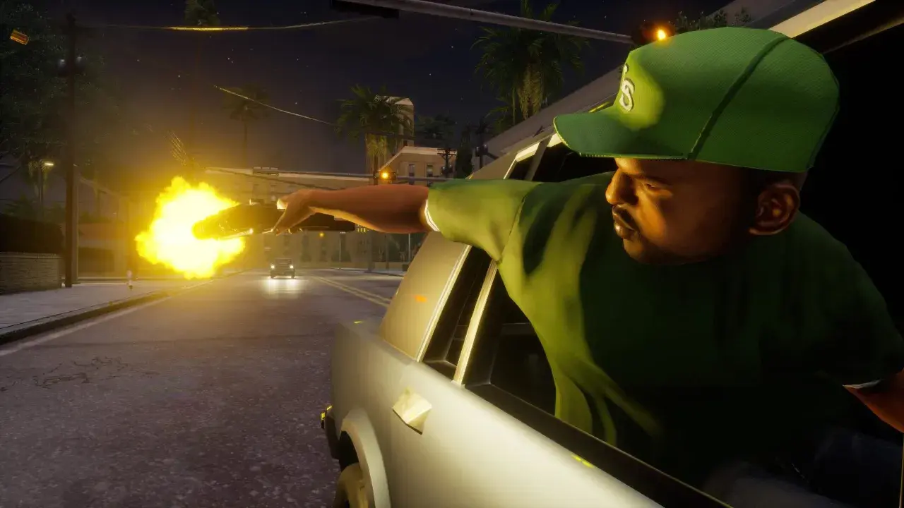 CJ strzela zza okna samochodu, jakby szukał kodu na nieśmiertelność w GTA SA.