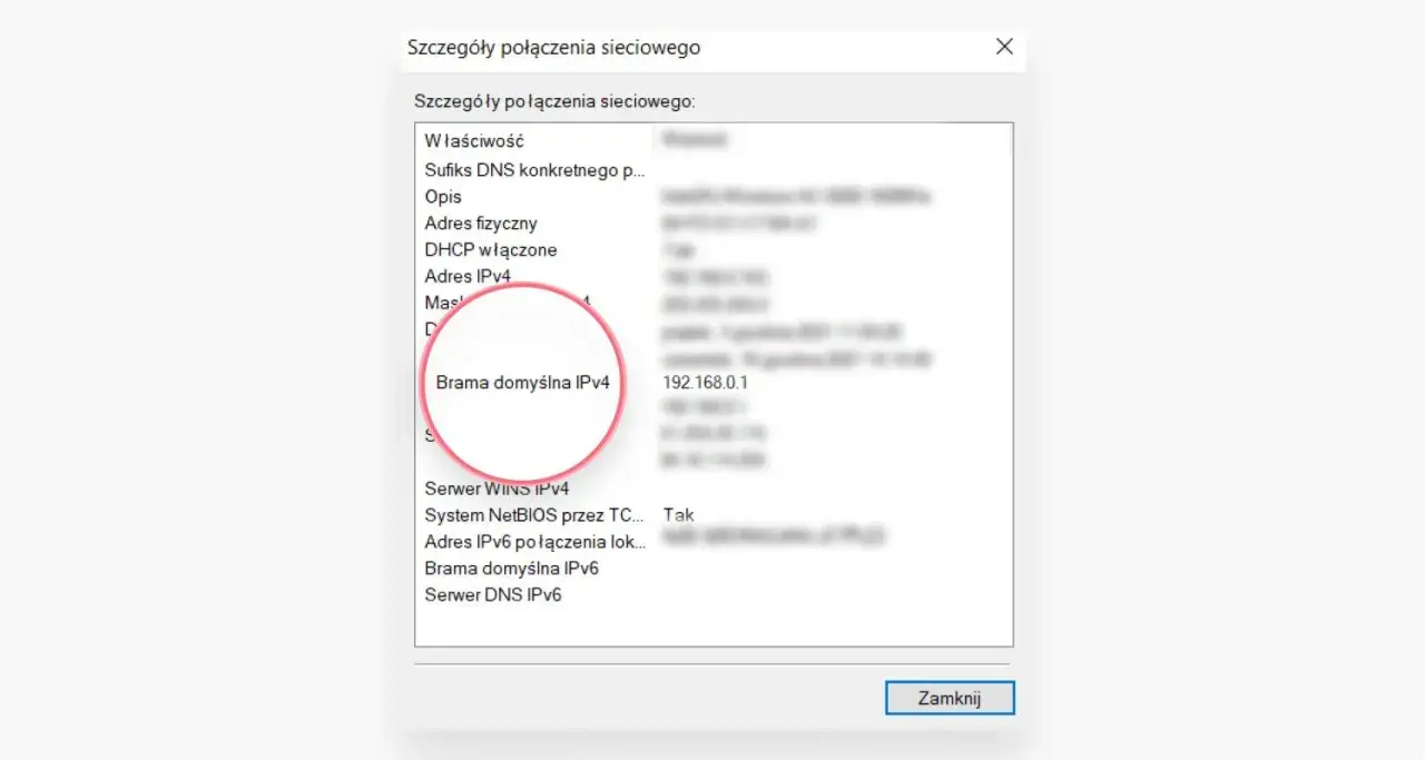 Szczegóły połączenia sieciowego pokazują adres bramy domyślnej IPv4, który jest adresem ip routera: 192.168.0.1.