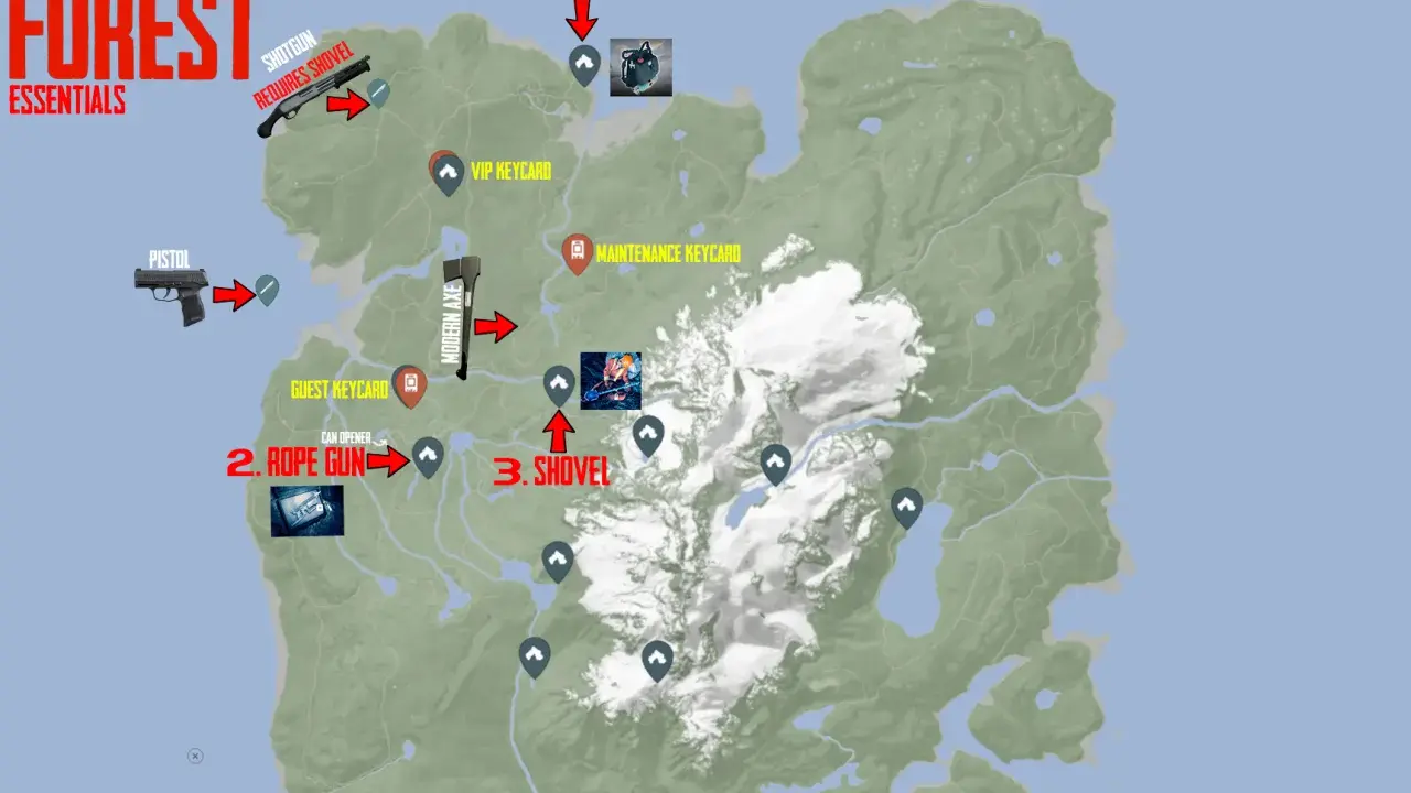 Mapa Sons of the Forest z lokalizacją łopaty, liny, kluczy i broni. Kluczowe przedmioty do zdobycia: łopata, pistolet, lina, rebreather.
