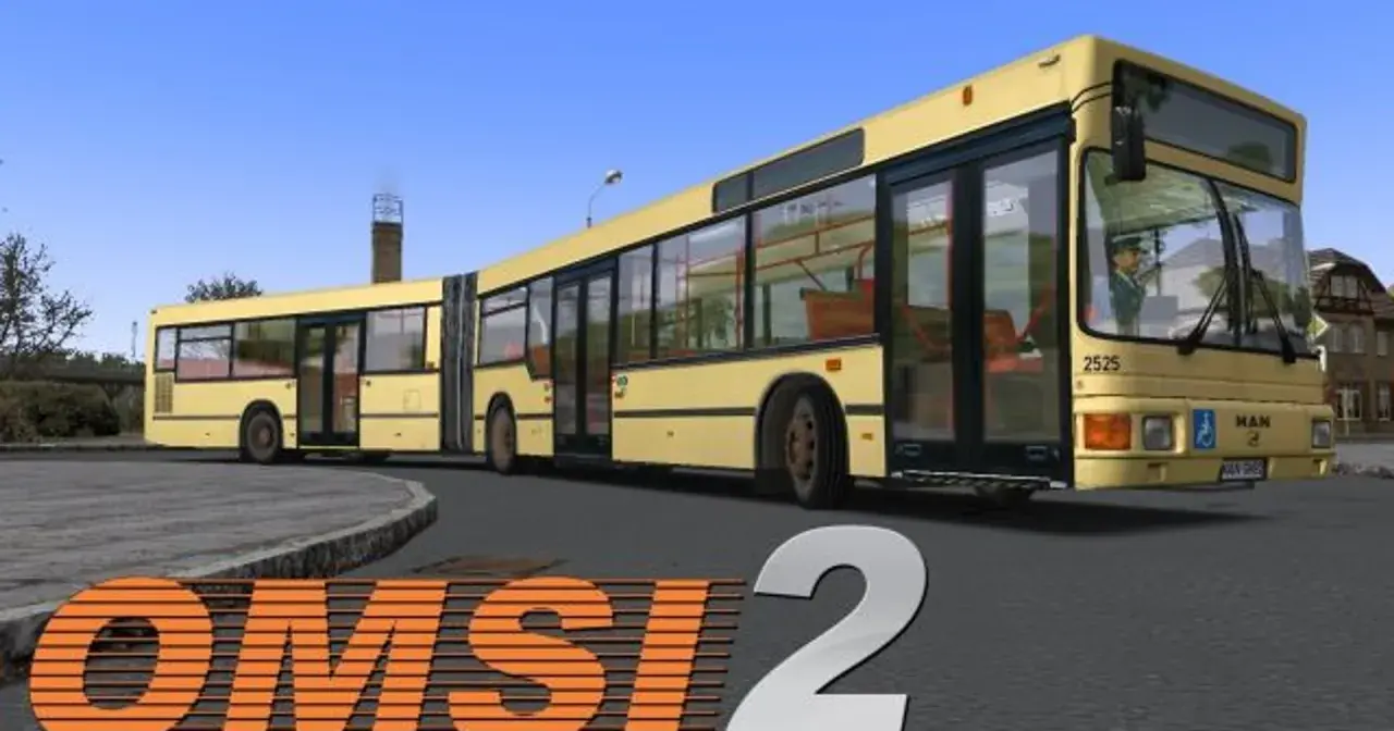 Żółty przegubowy autobus MAN na tle budynków i nieba, z logo OMSI 2.