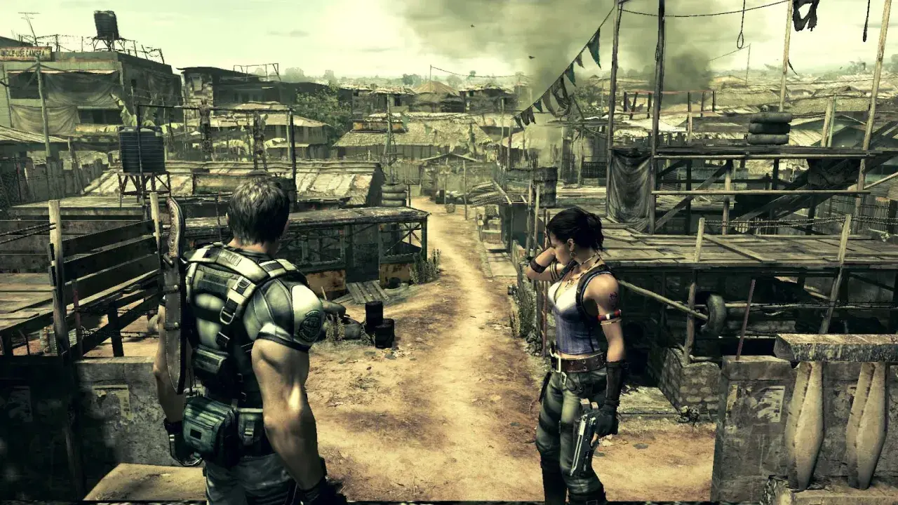 Chris i Sheva w zrujnowanej wiosce, przygotowani do walki w Resident Evil 5 Remake.