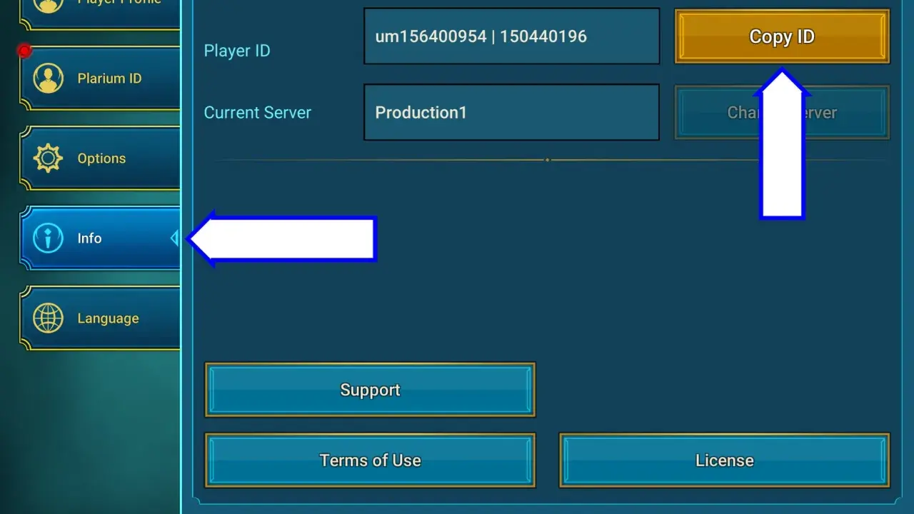 Ustawienia gry Raid Shadow Legends, gdzie można znaleźć swój Player ID, przydatny do kodów.