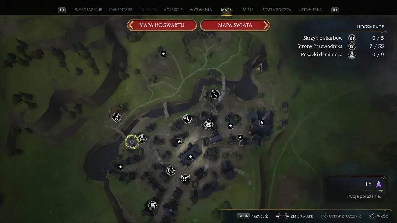 Mapa Hogsmeade z zaznaczonymi skrzyniami skarbów, stronami przewodnika i posążkami demimoza.