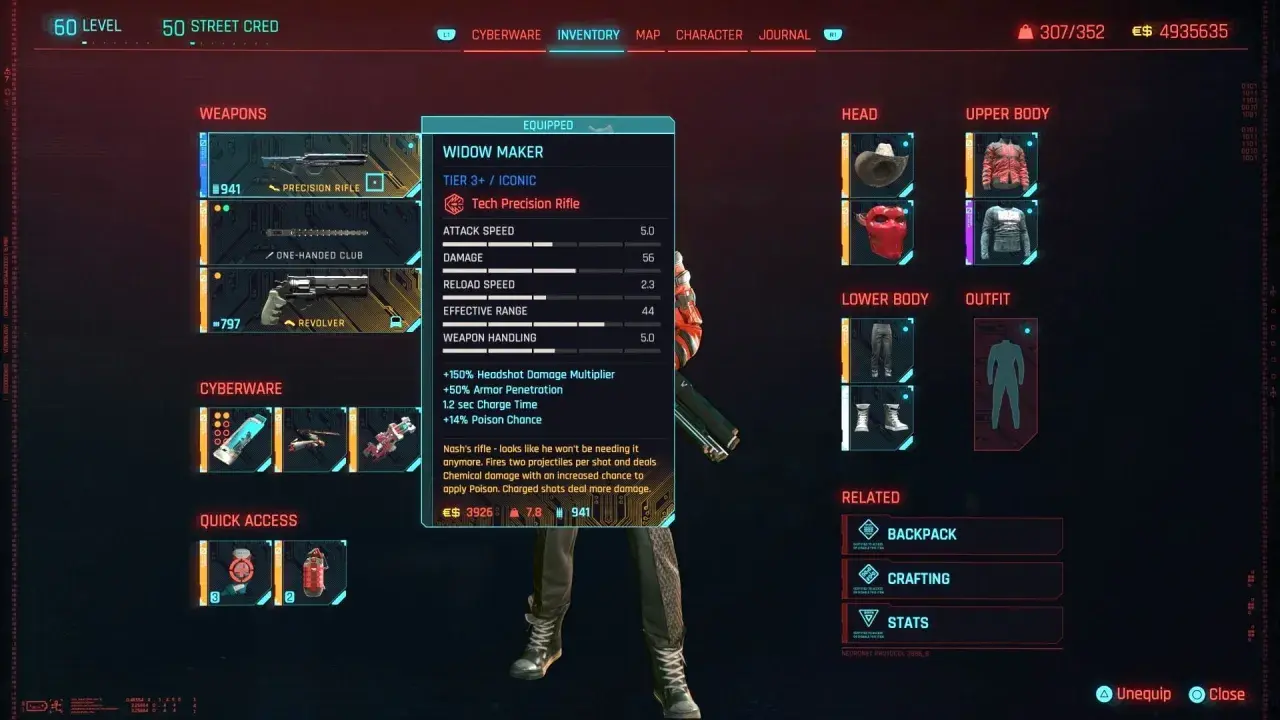 Interfejs gry Cyberpunk 2077: ekwipunek z karabinem Widow Maker, zasady gry widoczne w statystykach broni.