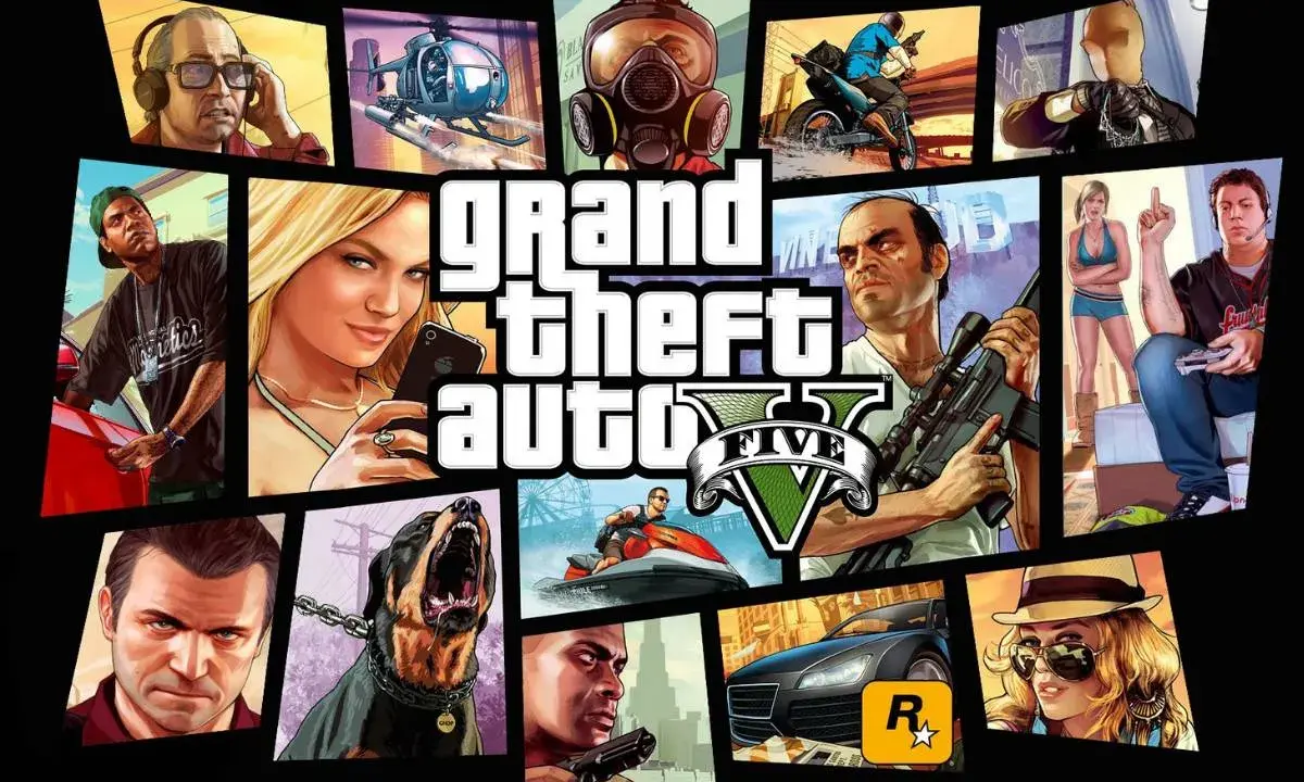 Kody GTA 5 PS5: kolaż postaci z gry, w tym Michael, Franklin, Trevor, Chop i inne.