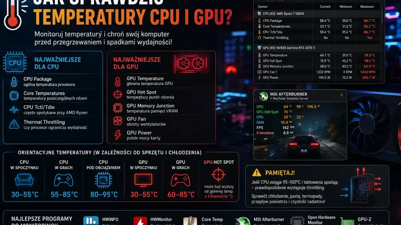 Monitoruj temperaturę karty graficznej (GPU) i procesora (CPU) za pomocą HWInfo i MSI Afterburner. Sprawdź kluczowe wskaźniki, by uniknąć przegrzewania.