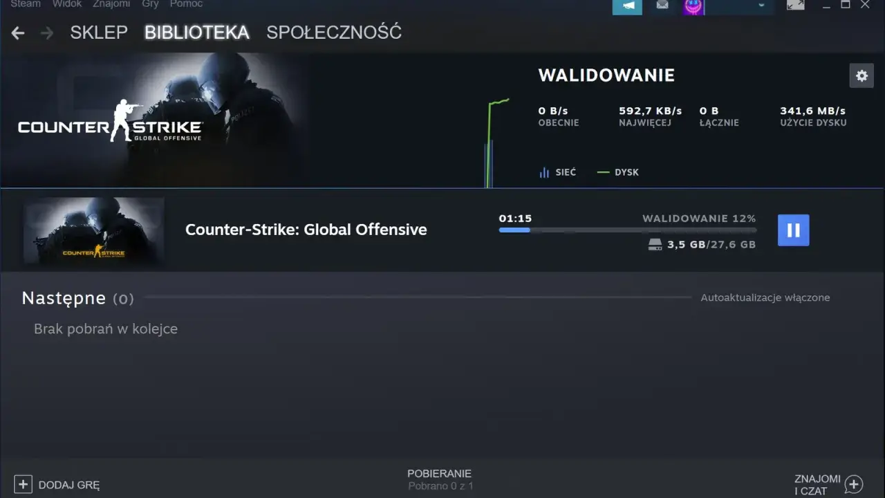 Walidacja gry Counter-Strike: Global Offensive na Steam. Proces ten jest kluczowy, gdy chcesz przenieść grę z dysku na dysk, zapewniając jej poprawną instalację.