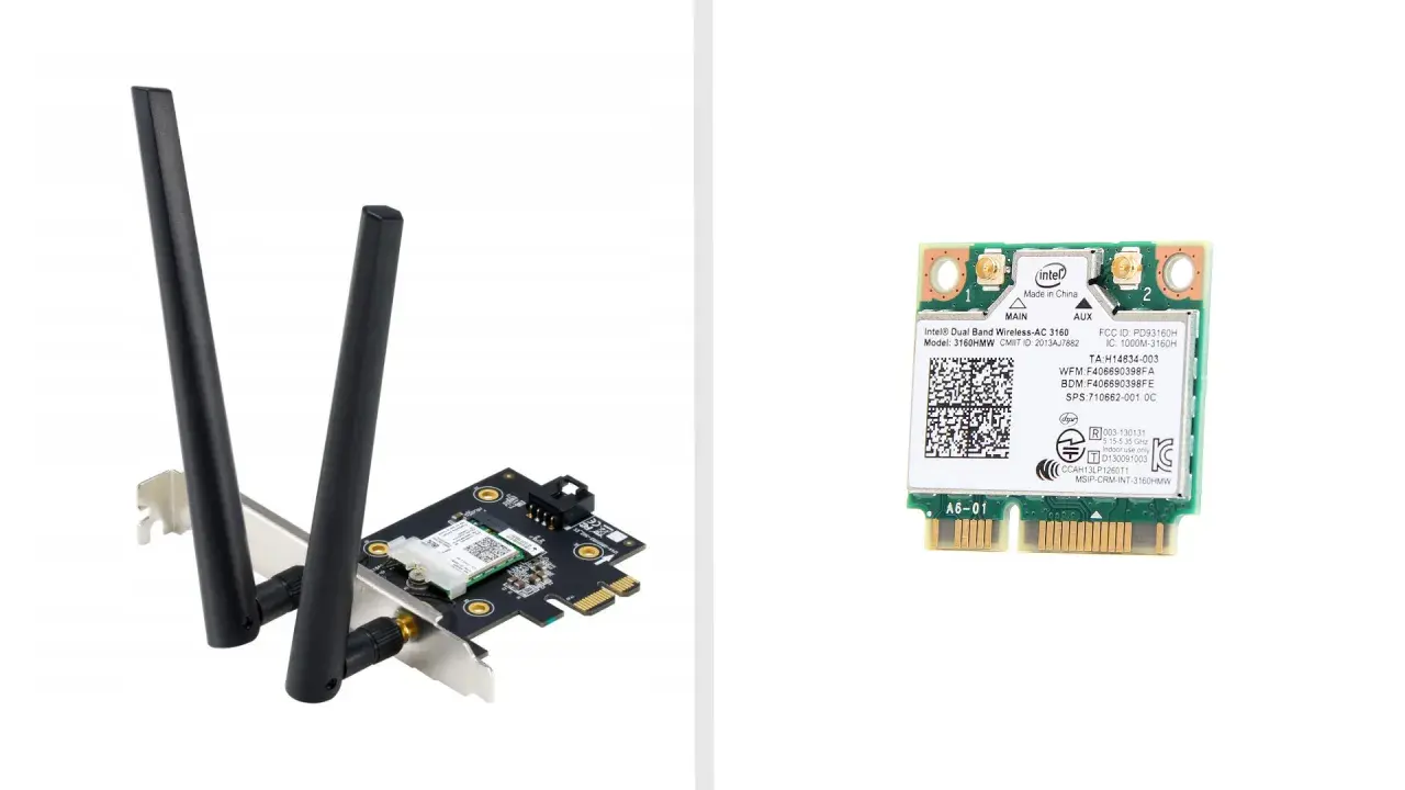 Karta sieciowa Wi-Fi z antenami i moduł Intel Dual Band Wireless-AC 3160. Dowiedz się, jak włączyć Bluetooth Windows 10.