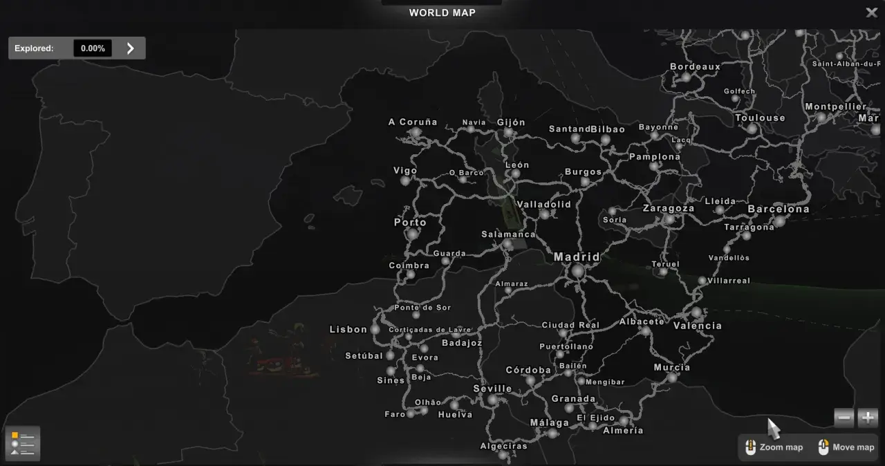 Mapa ETS 2 z zaznaczonymi miastami w Hiszpanii i Portugalii, w tym Madrytem, Barceloną i Lizboną.