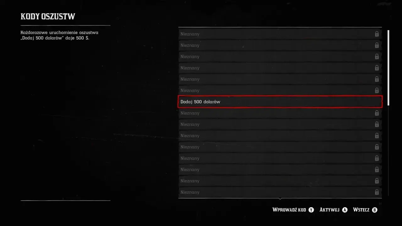 Menu oszustw w RDR2. Wybrana opcja "Dodaj 500 dolarów" daje 500 $.