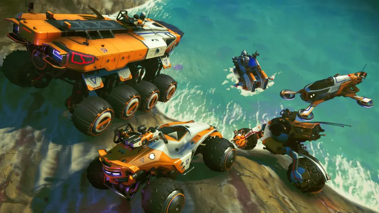 Różnorodne pojazdy z gry No Man's Sky poradnik: wielka ciężarówka, buggy, motocykl i latający pojazd na tle wodnego krajobrazu.