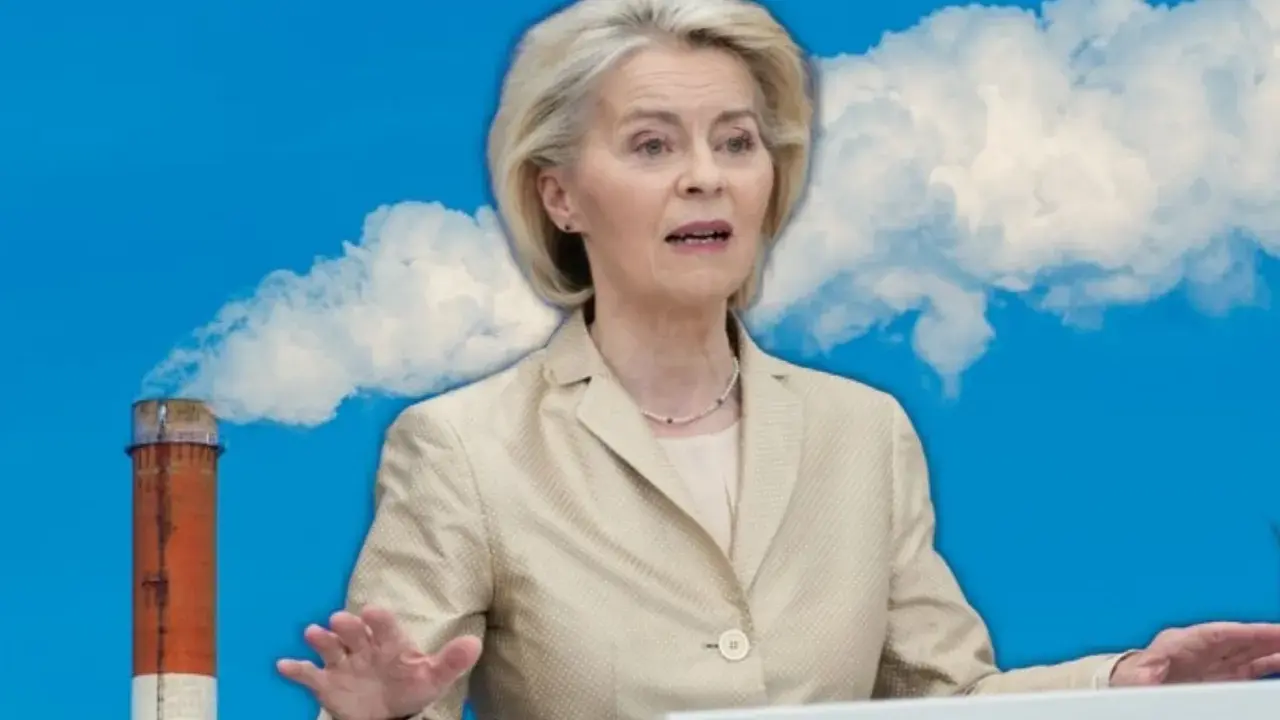 Ursula von der Leyen przemawia na tle komina fabrycznego z dymem, symbolizując walkę z emisjami i realizację celów ETS3.