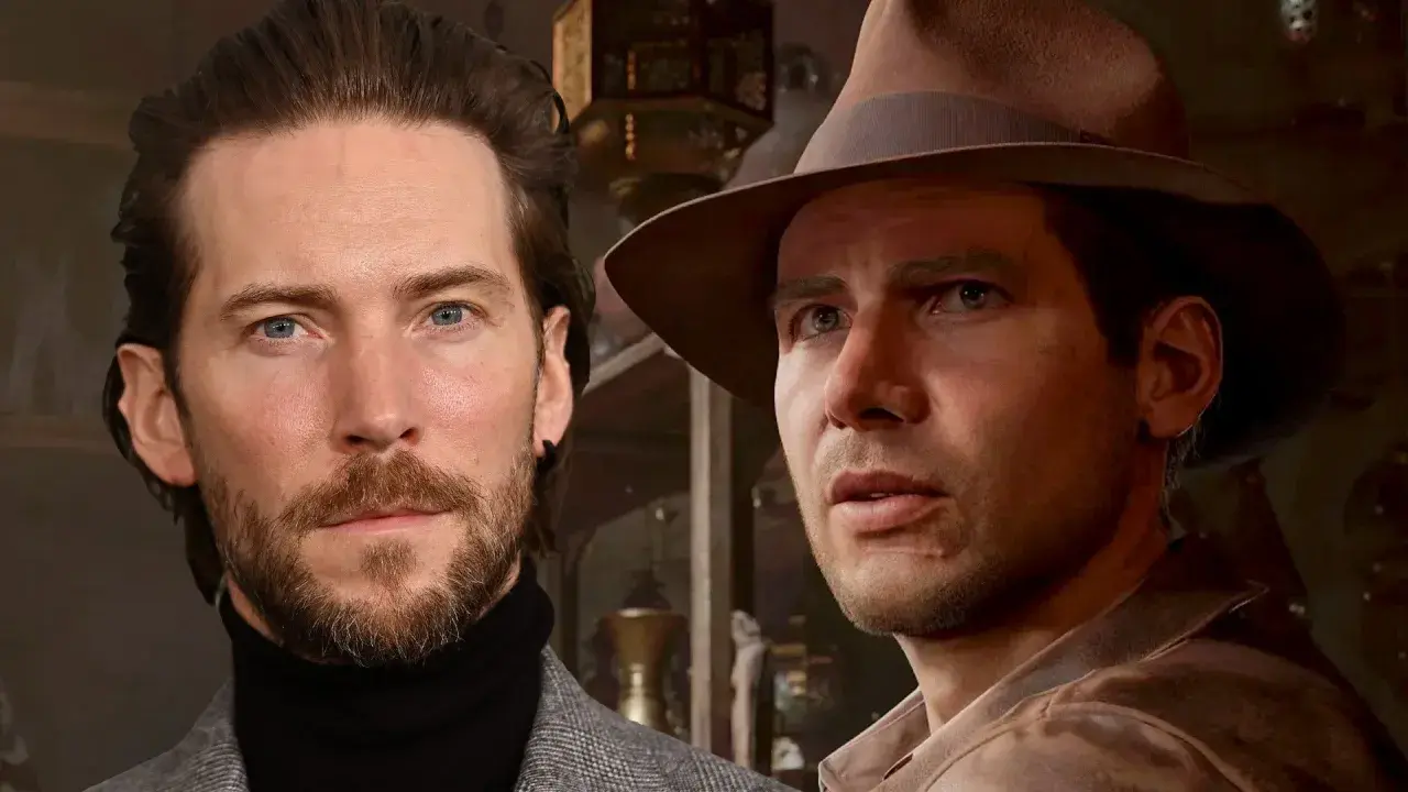 Troy Baker obok postaci w kapeluszu, przypominającej Indianę Jonesa.