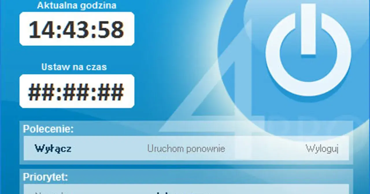 Interfejs programu do automatycznego wyłączania komputera. Aktualna godzina 14:43:58, polecenie "Wyłącz".
