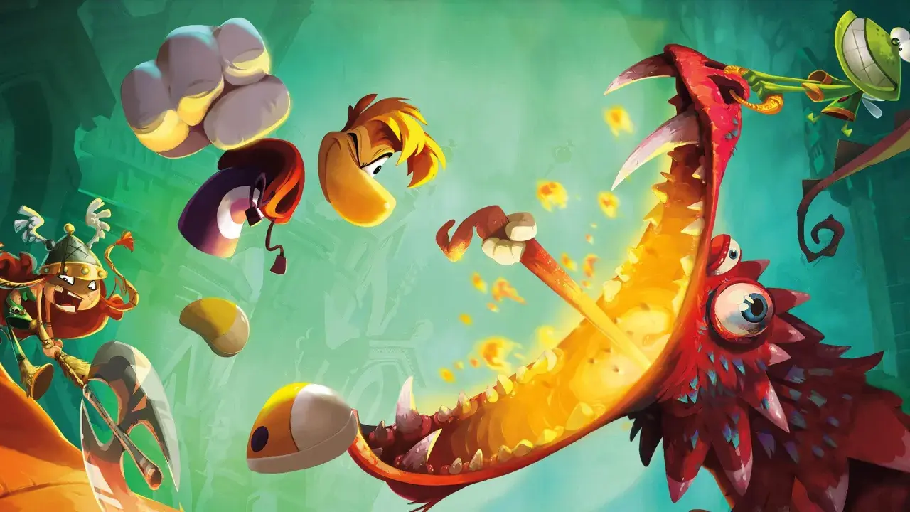 Postacie z Rayman 4 walczą z ogromnym, czerwonym smokiem.