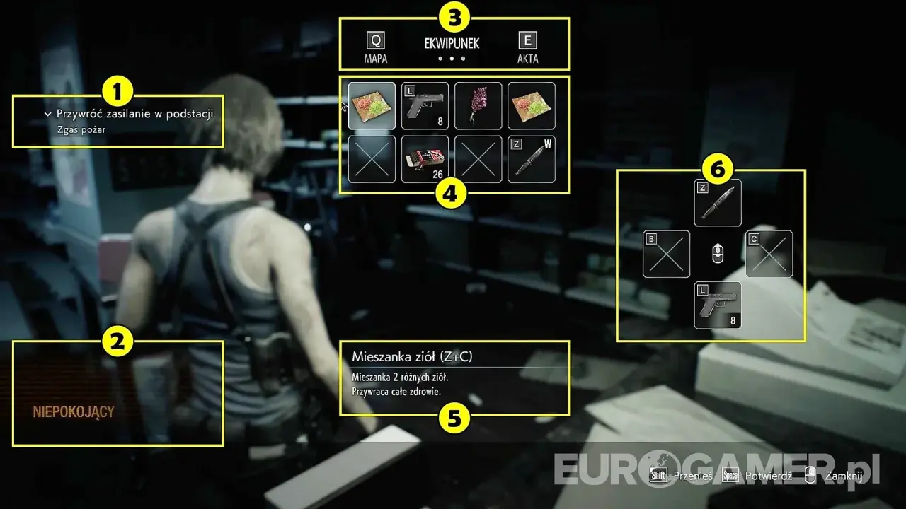 Poradnik Resident Evil 3: Jill walczy o przetrwanie, zbierając zioła i amunicję. Ekwipunek i mapa pomagają w walce.