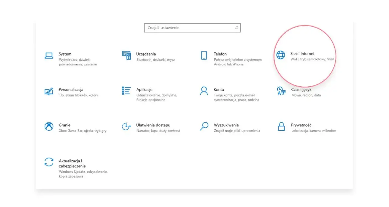 Ustawienia Windows: "Sieć i Internet" to miejsce, gdzie sprawdzisz kartę sieciową, Wi-Fi i VPN.