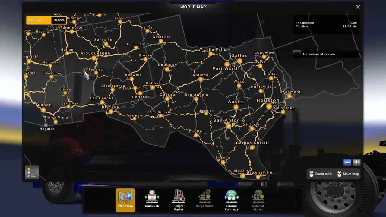 Mapa świata w grze ETS2, pokazująca południowo-zachodnie Stany Zjednoczone. Widoczne miasta to m.in. Albuquerque, El Paso, Dallas, Houston. To jest dlc mapowe ets2.