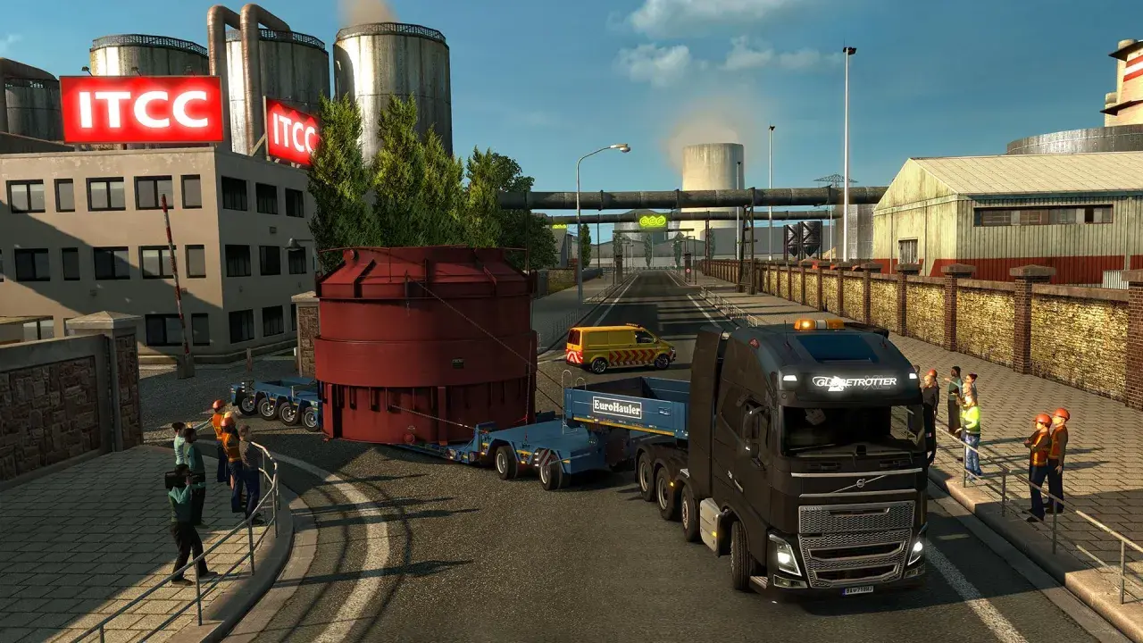 Ciężarówka z naczepą realizuje specjalny transport ets2, przewożąc ogromny czerwony element przemysłowy.