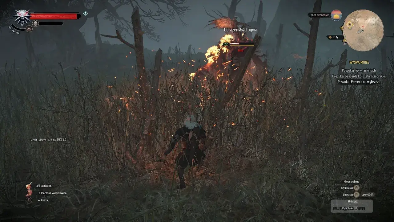 Geralt walczy z Biesem na Wyspie Mgieł. Wokół płoną trawy i drzewa, tworząc mroczną atmosferę.