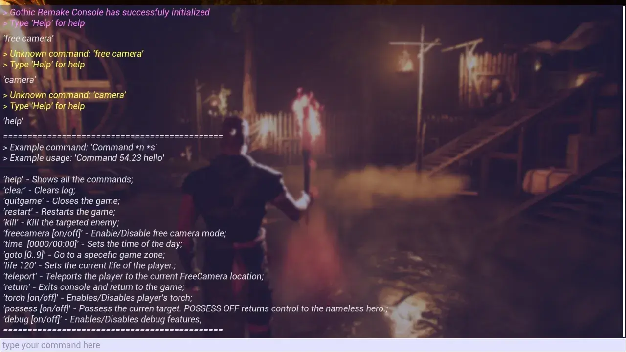 Gothic 2 kody na umiejętności: konsola pokazuje komendy, np. 'help' dla pomocy, 'kill' dla zabicia wroga, 'freecamera' dla swobodnej kamery.