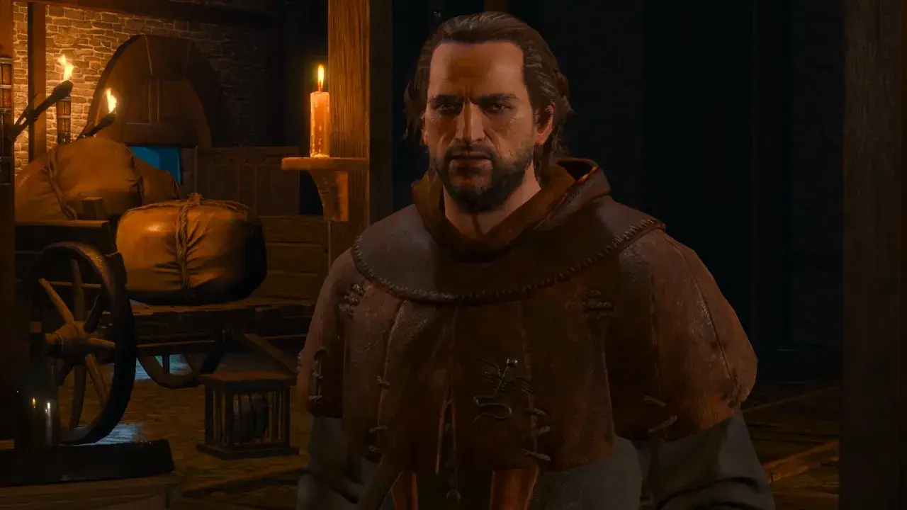 Geralt w karczmie, rozmawia z kupcem. Czy to jeden z tych, co popełnili śmiertelne grzechy w Wiedźmin 3?