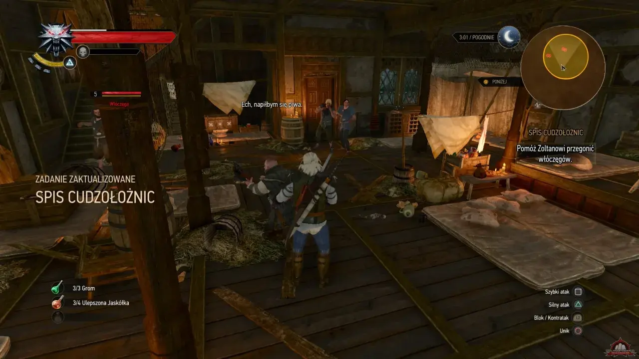 Wiedźmin 3: Spis cudzołożnic. Geralt w tawernie, gdzie zadanie "Spis cudzołożnic" zostało zaktualizowane. Pomóż Zoltanowi przegonić włóczęgów.
