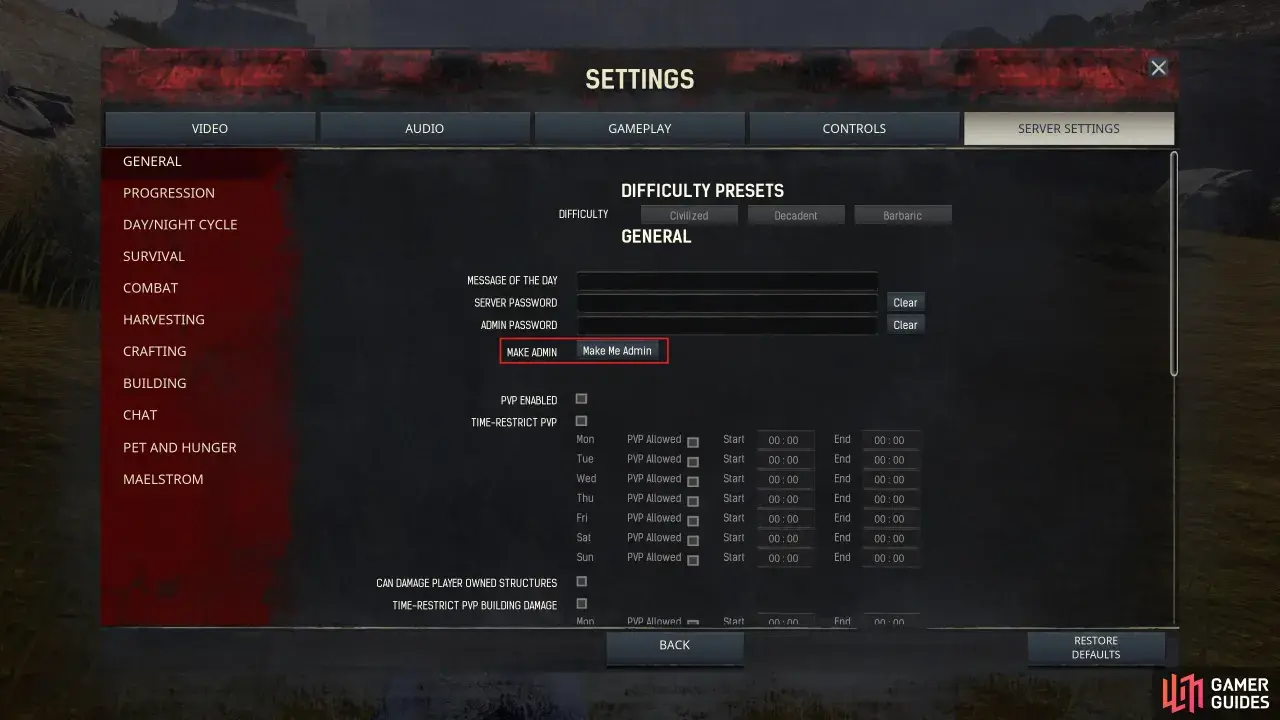 Ustawienia serwera w Conan Exiles: zakładka "General", opcja "Make Me Admin" do nadania sobie uprawnień administratora.