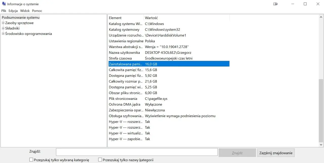 Jak sprawdzić jaki mam RAM? Na zrzucie ekranu widać okno "Informacje o systemie", gdzie pod hasłem "Zainstalowana pamięć" widnieje wartość 16,0 GB.