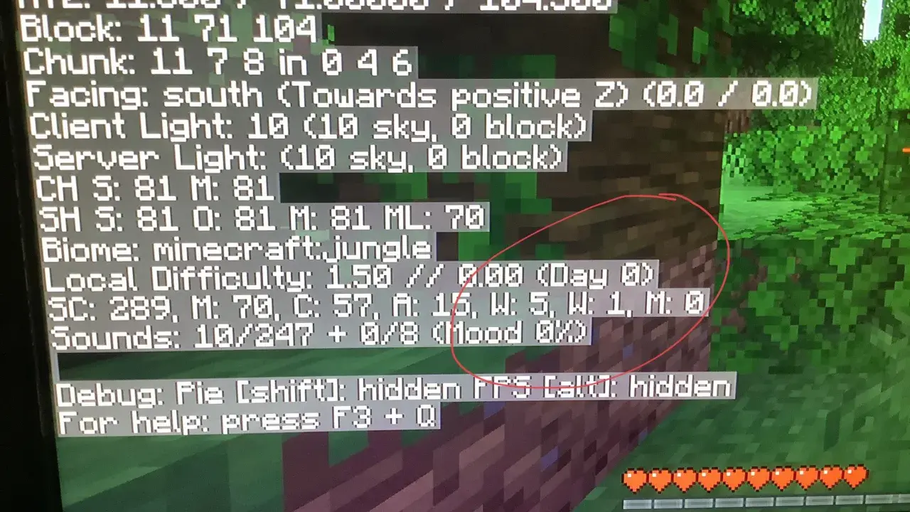 Komenda na dzień w MC. Widać debug menu z informacjami o świecie, współrzędnych, trudności i stanie gracza.