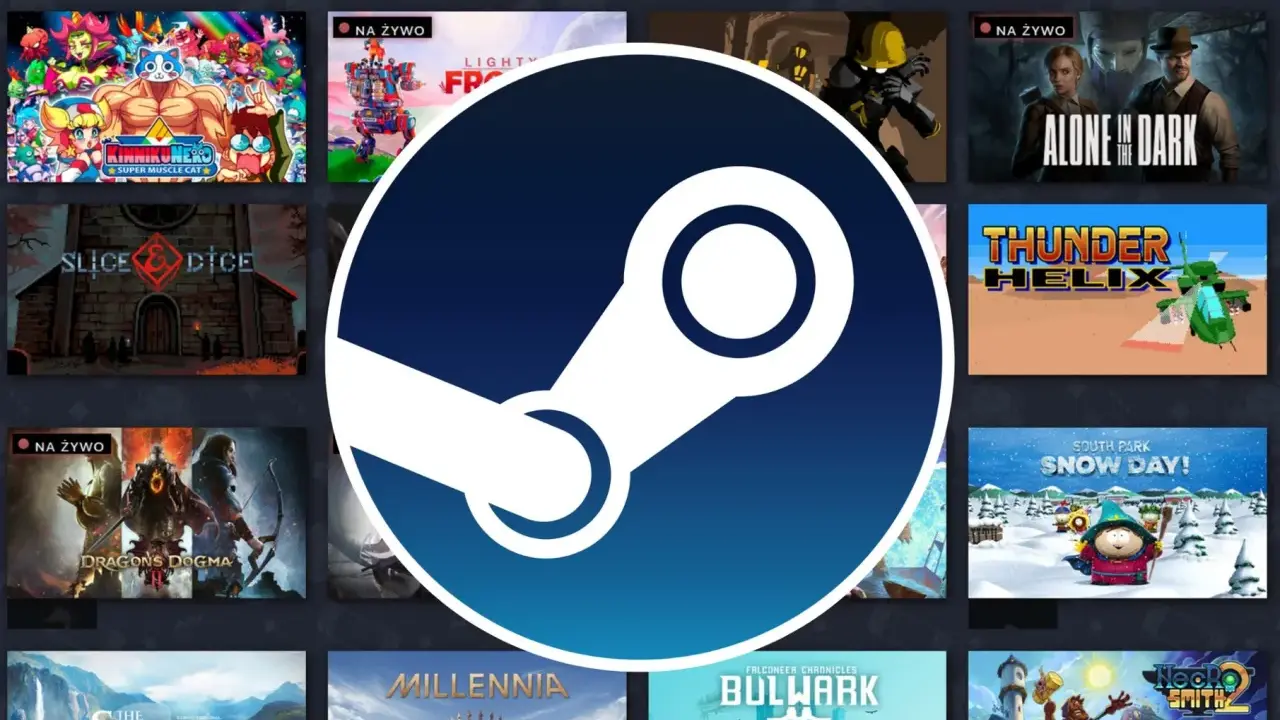 Logo Steam otoczone okładkami gier. Dowiedz się, jak udostępnić grę na Steam, aby dzielić się zabawą ze znajomymi.