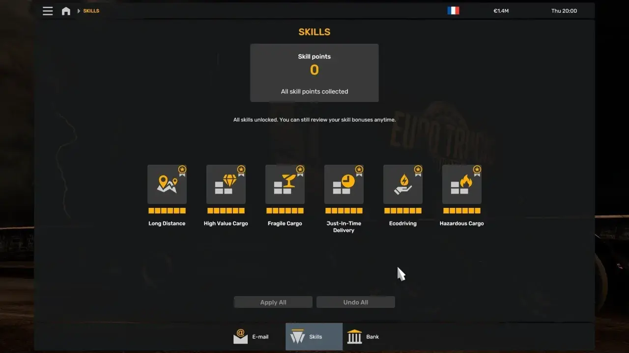 Menu umiejętności w Euro Truck Simulator 2. Poradnik pokazuje dostępne opcje: dalekie trasy, cenne ładunki, delikatne przesyłki, dostawy na czas, ekodriving i niebezpieczne towary.