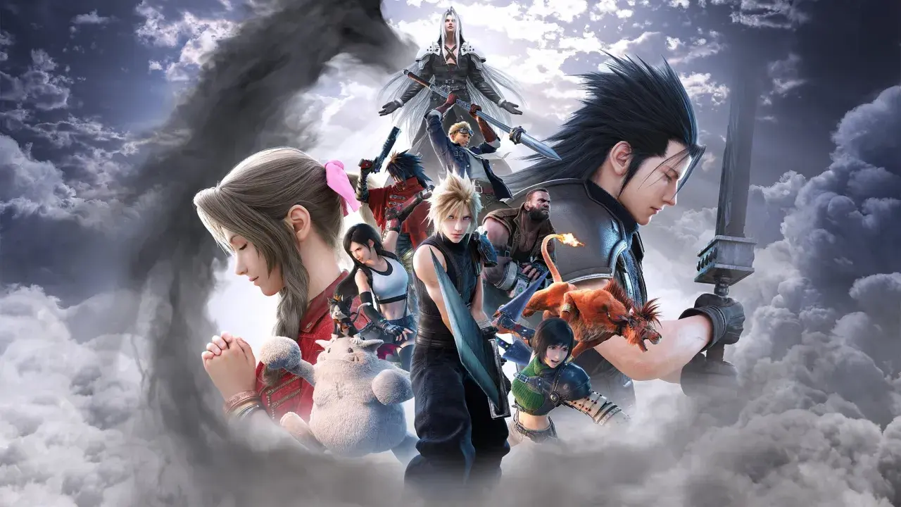 Postacie z Final Fantasy VII od Square Enix w chmurach. Cloud, Tifa, Aerith, Zack i Sephiroth w epickiej kompozycji.