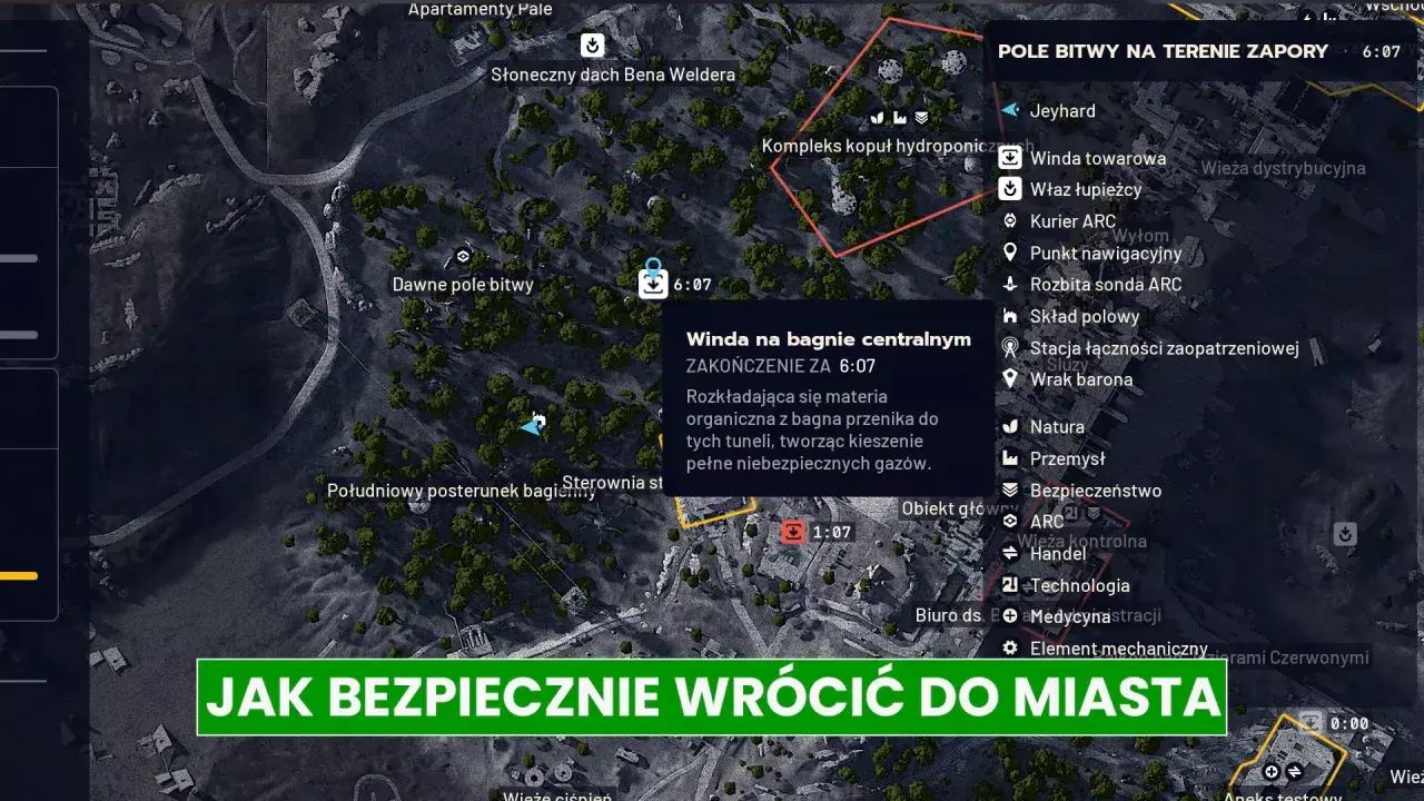 Mapa terenu gry z zaznaczonymi punktami, celami i informacjami o zagrożeniach. Wskazuje drogę do bezpiecznego powrotu do miasta.