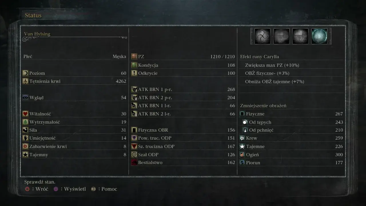 Status Vun Hylsing, poziom 60. To jest bloodborne poradnik, który pokazuje statystyki postaci, obrażenia i obrony.