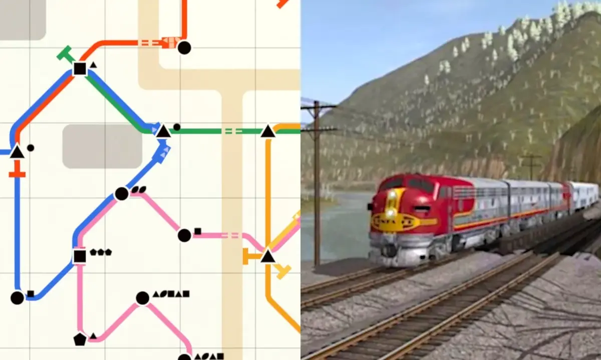 Mapa linii kolejowych i czerwony pociąg w górskim krajobrazie. Symulator spedytora.